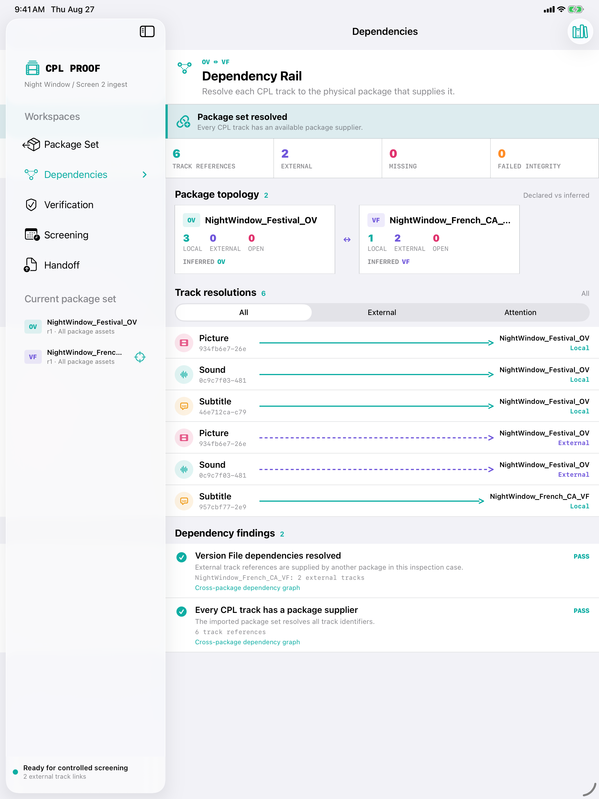 CPL Proof resolving Original Version and Version File package dependencies on a 13-inch iPad