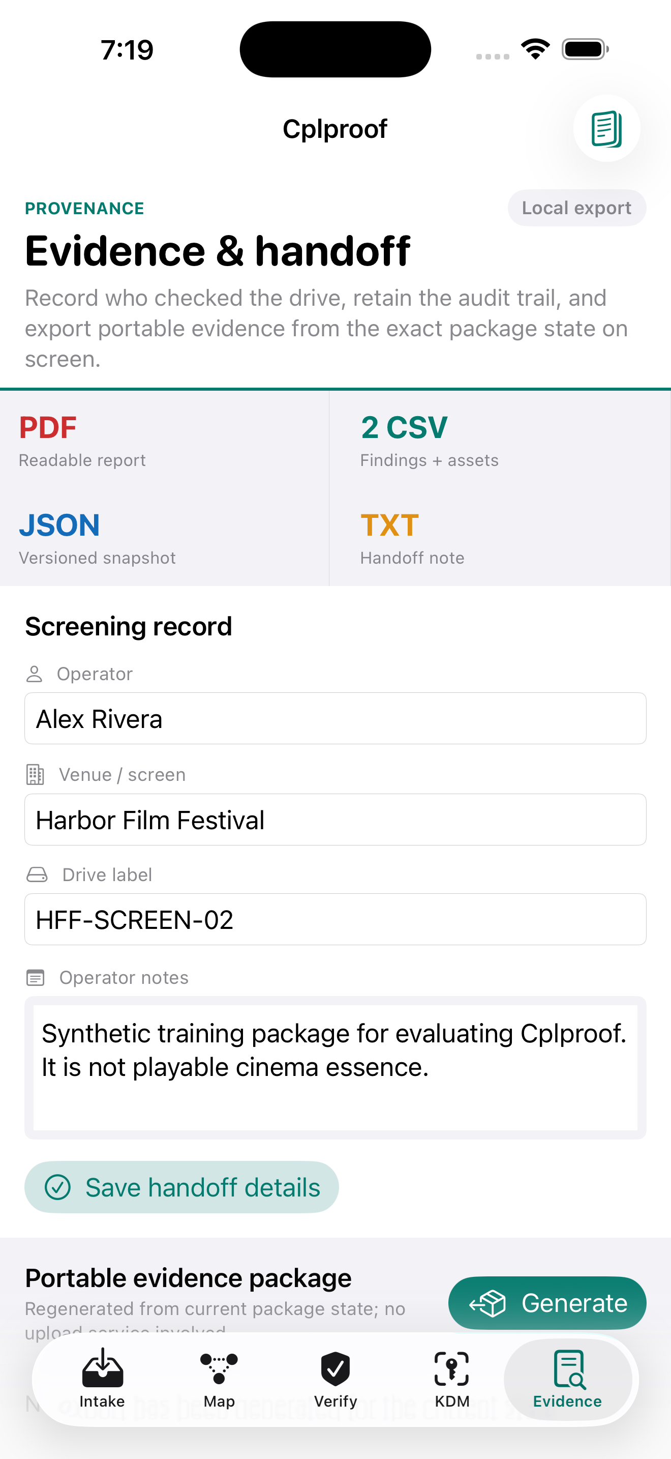 Cplproof evidence handoff on iPhone